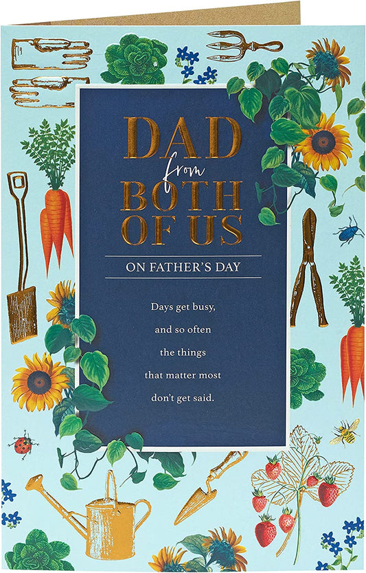 Gardening-themed Father's Day greeting card from UK Greetings featuring floral illustrations and heartfelt message for Dad.