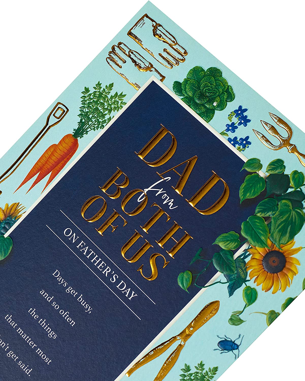 Gardening-themed Father's Day greeting card from UK Greetings featuring floral illustrations for dad from both of us.