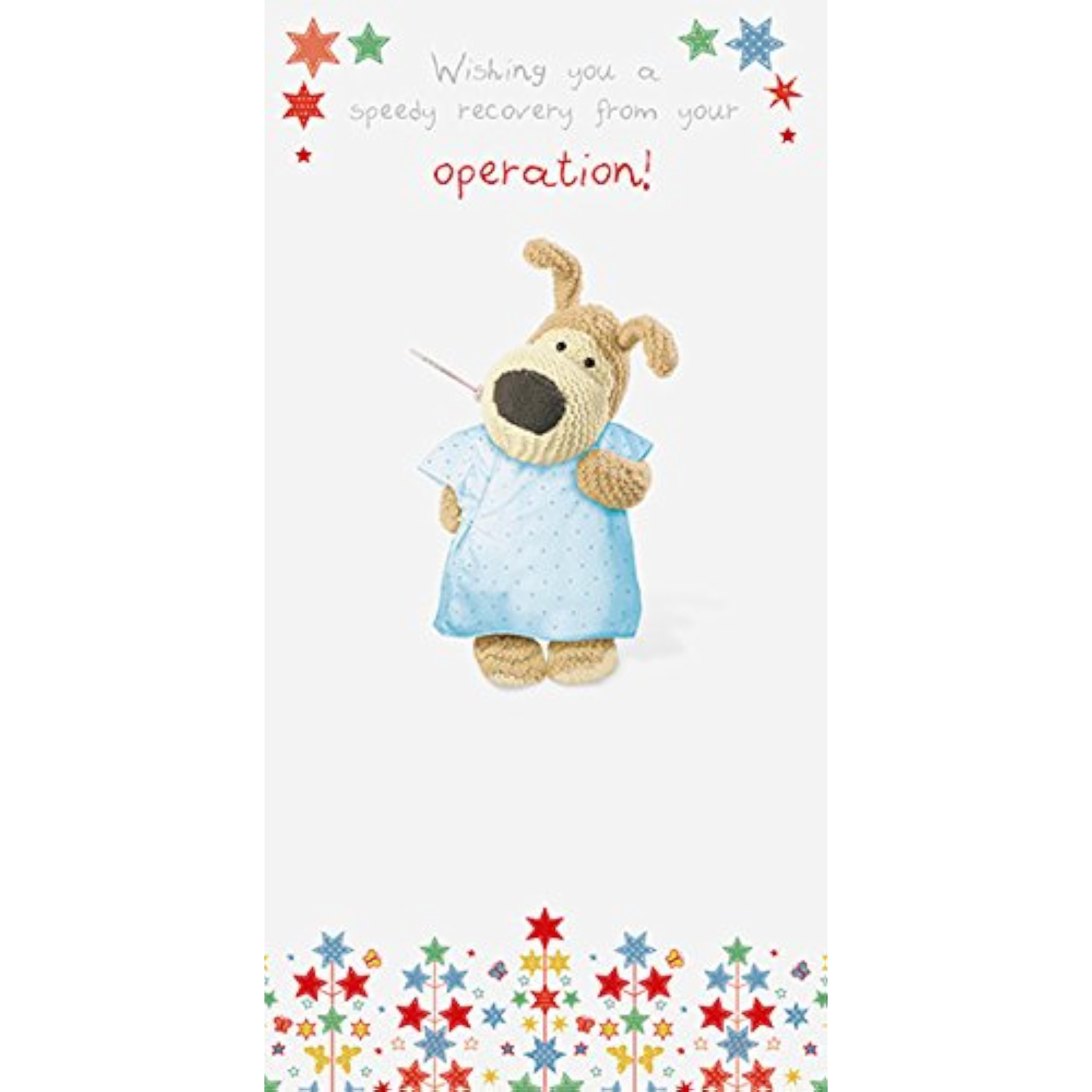 Get Well Soon greeting card featuring Boofle from UK Greetings, with cheerful design to send wishes after an operation.