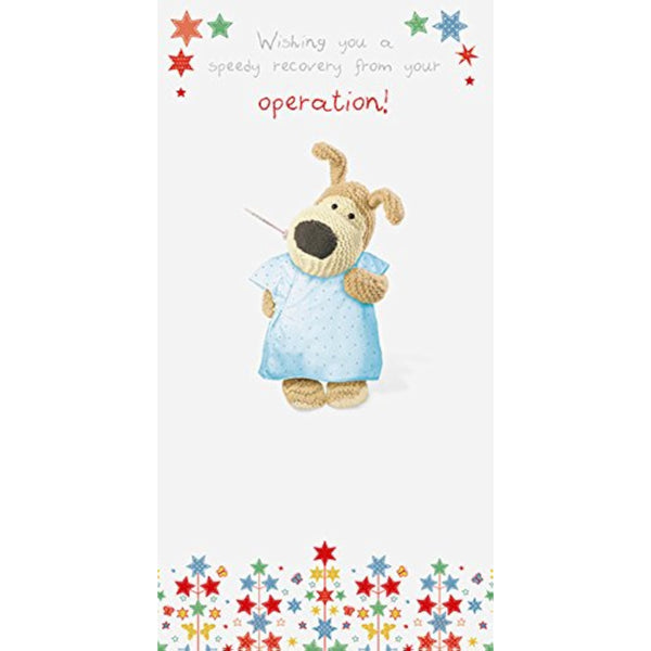 Get Well Soon greeting card featuring Boofle from UK Greetings, with cheerful design to send wishes after an operation.