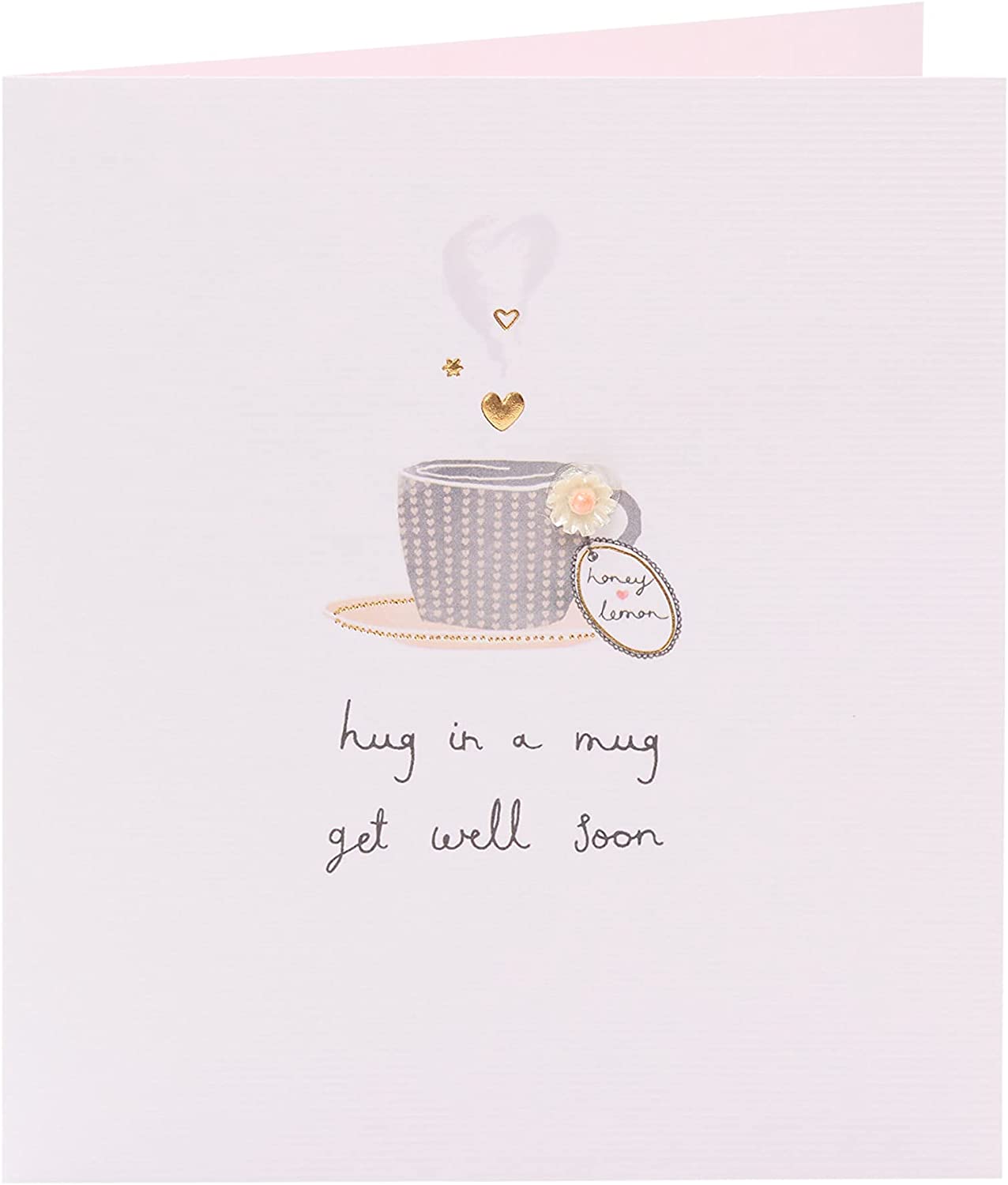 Handmade "Get Well Soon" greeting card featuring a cozy mug hug design, by UK Greetings, with colorful illustrations.