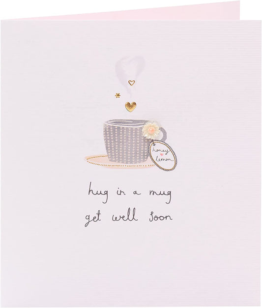 Handmade "Get Well Soon" greeting card featuring a cozy mug hug design, by UK Greetings, with colorful illustrations.