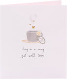 Handmade "Get Well Soon" greeting card featuring a cozy mug hug design, by UK Greetings, with colorful illustrations.