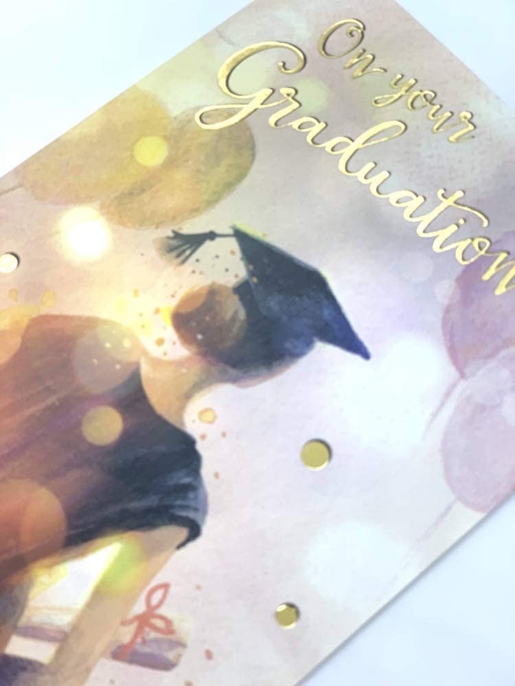Girl graduation balloons greeting card from UK Greetings with colorful balloon illustrations and celebratory design.