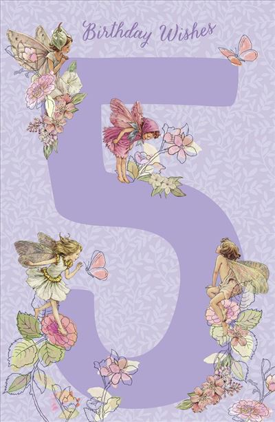 Girl's 5th birthday greeting card featuring colorful flowers, fairies, and holographic finish from UK Greetings.