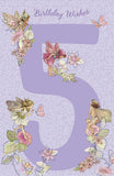 Girl's 5th birthday greeting card featuring colorful flowers, fairies, and holographic finish from UK Greetings.