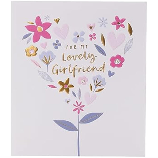 UK Greetings girlfriend birthday greeting card featuring a flower and heart design with gold accents