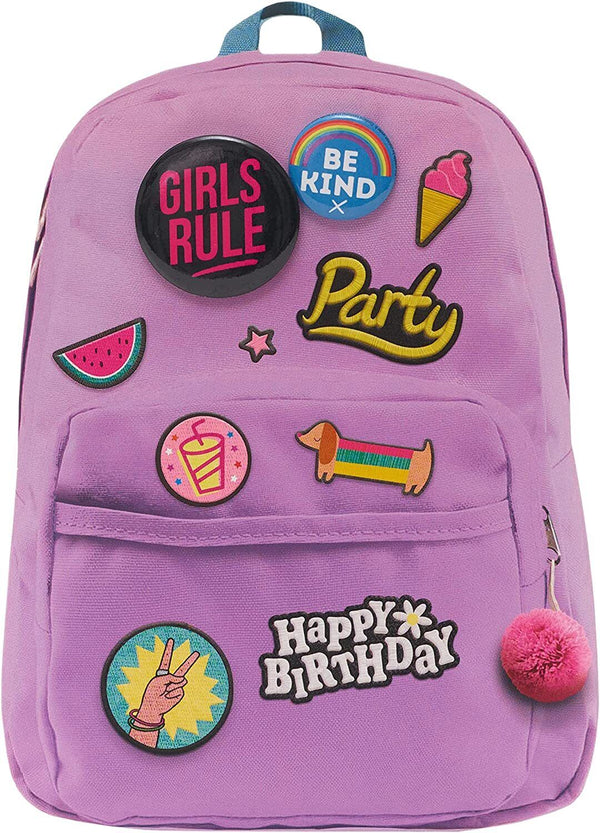 Colorful girls' fun backpack birthday greeting card with badges, featuring playful illustrations and cheerful design.