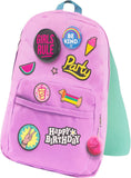 Colorful girls' fun backpack birthday greeting card with badges, featuring vibrant illustrations from UK Greetings.