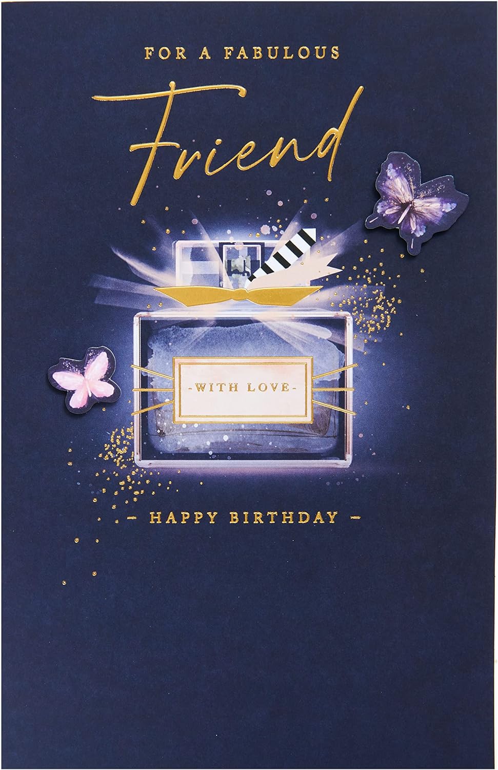 Glam Perfume Friend birthday greeting card with floral design, from UK Greetings, featuring elegant artwork and a celebratory message.