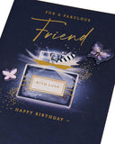 Glam Perfume Friend birthday greeting card by UK Greetings featuring elegant floral design and festive message.