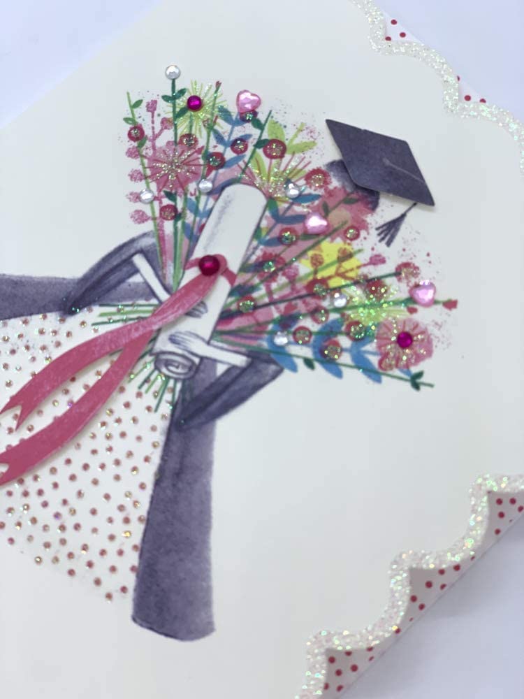Glitter diamante girl graduation greeting card with celebratory design and colorful accents, suitable for graduation celebrations.