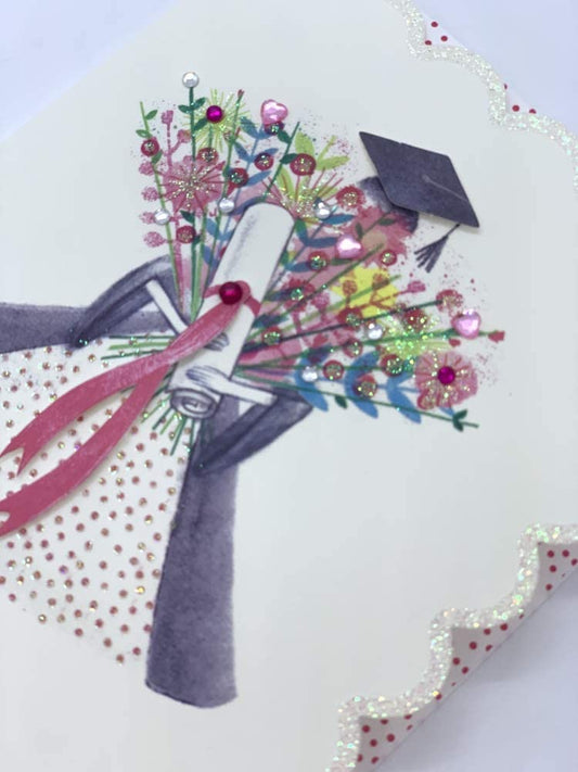 Glitter diamante girl graduation greeting card with celebratory design and colorful accents, suitable for graduation celebrations.