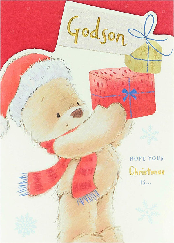 Godson Christmas greeting card featuring a festive teddy bear design, perfect for holiday wishes from UK Greetings.