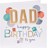 Gold foil balloons Dad birthday greeting card from UK Greetings featuring festive balloon designs and celebratory message.