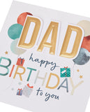 Gold foil balloons with "Dad" birthday greeting on UK Greetings' colorful greeting card.