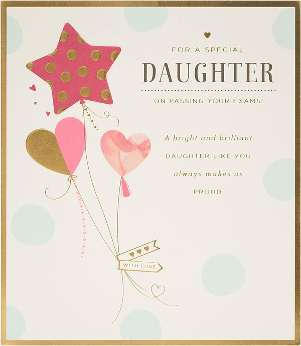 Gold foil daughter exam success greeting card from UK Greetings with congratulatory message and celebratory design.