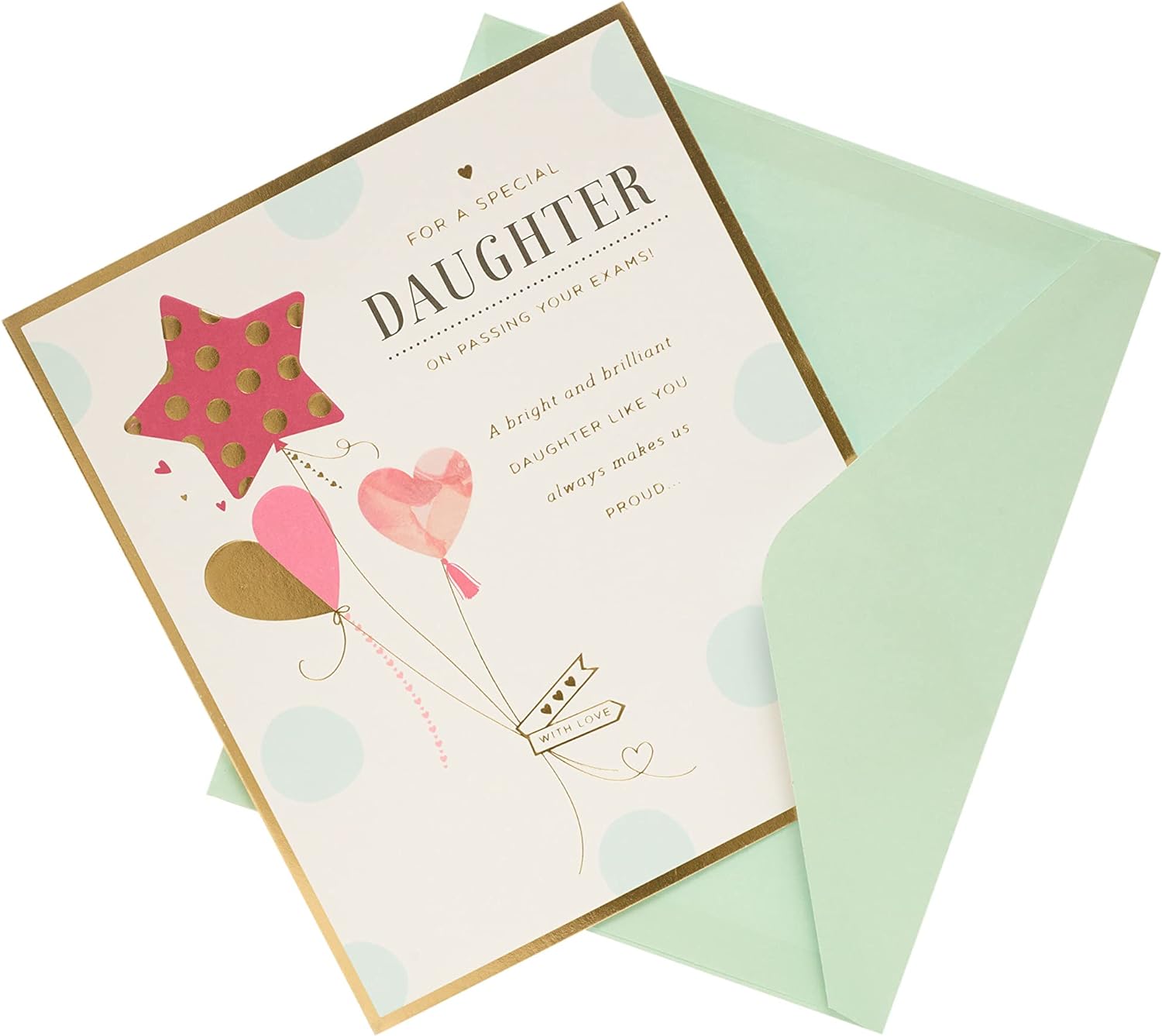 Gold foil greeting card featuring "Daughter Exam Success" message from UK Greetings, with celebratory design and elegant details.