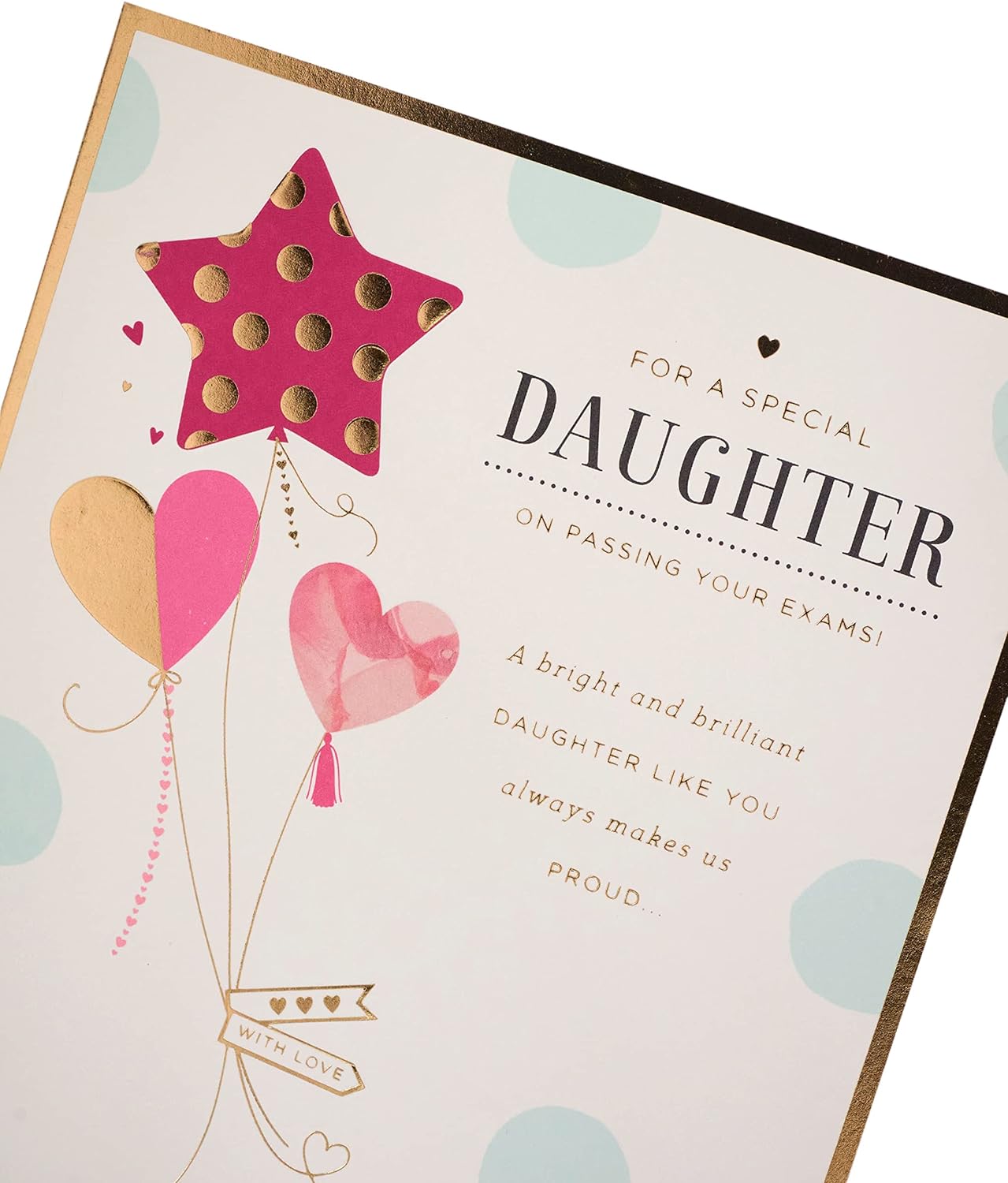 Gold foil daughter exam success congratulations greeting card with elegant design, perfect for celebrating academic achievements.