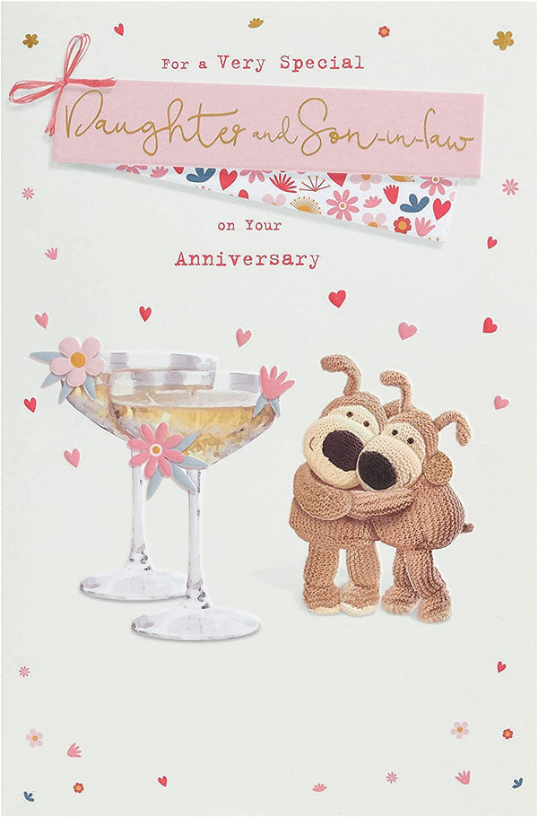 Gold foil finishes Boofle daughter and son-in-law anniversary greeting card with cute animal illustrations and heartfelt message.