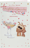 Gold foil finishes Boofle daughter and son-in-law anniversary greeting card with cute animal illustrations, perfect for celebrating love.