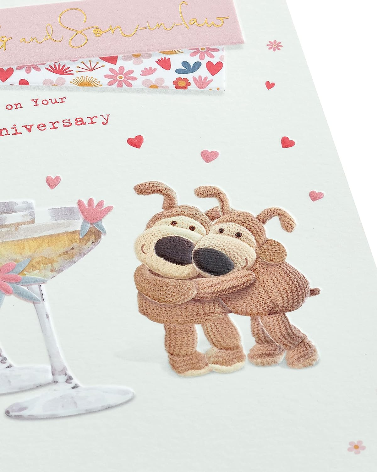 Gold foil finishes Boofle daughter and son-in-law anniversary greeting card with festive design and heartfelt message.