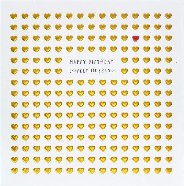 Gold foil Little Hearts husband birthday greeting card featuring heart designs, from UK Greetings.