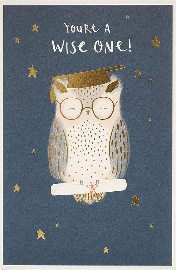 Gold foil owl graduation greeting card by UK Greetings, featuring a decorative owl design for celebrating academic achievements.