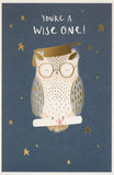 Gold foil owl graduation greeting card by UK Greetings, featuring a decorative owl design for celebrating academic achievements.