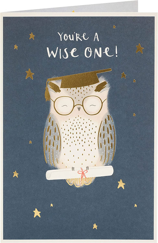 Gold foil owl graduation greeting card from UK Greetings, featuring a decorative owl design and celebratory message.