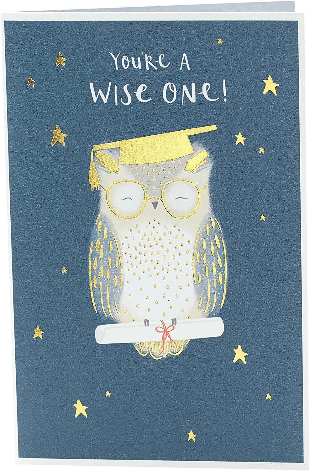 Gold foil owl graduation greeting card featuring a cheerful owl and celebratory design, perfect for graduation congratulations.