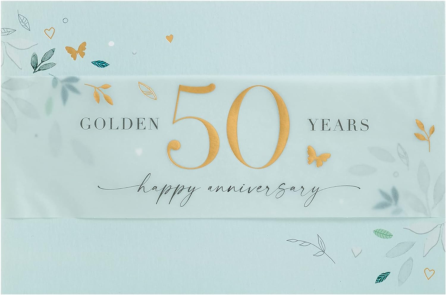 Golden 50th Anniversary Leaves Greeting Card from UK Greetings, featuring elegant leaf designs for special celebration.