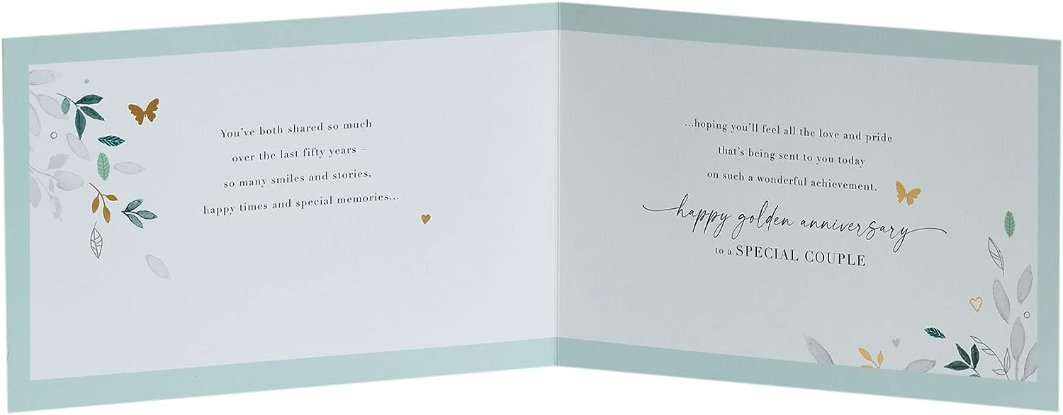 Golden 50th anniversary leaves greeting card with elegant floral design by UK Greetings, perfect for special milestone celebrations.
