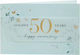 Golden 50th anniversary leaves greeting card by UK Greetings featuring elegant leaf designs for special celebrations.