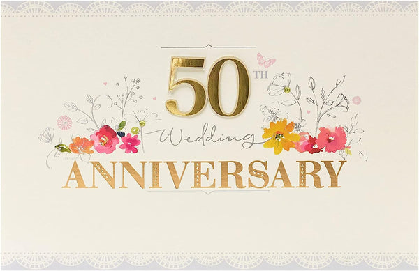 Golden Moments 50th Anniversary greeting card by UK Greetings with elegant gold accents and heartfelt message inside.