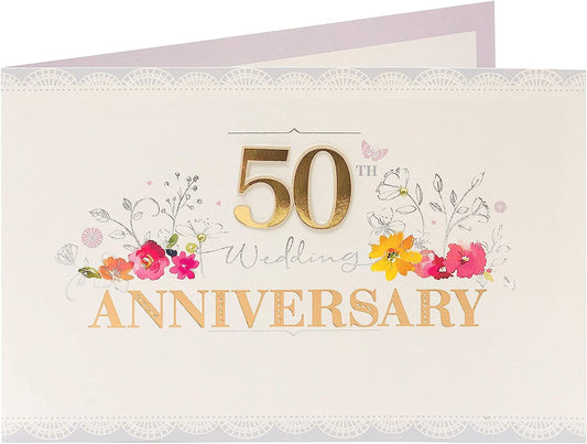 Golden Moments 50th Anniversary greeting card by UK Greetings, featuring elegant gold accents and celebratory design.
