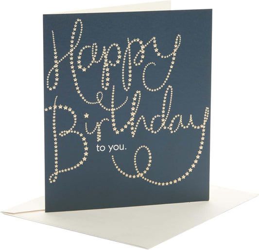Golden Stars Happy Birthday greeting card from UK Greetings featuring festive star designs and cheerful "Happy Birthday To You" message.