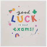 Assorted UK Greetings Good Luck Exams greeting cards featuring colorful designs and encouraging messages for students.
