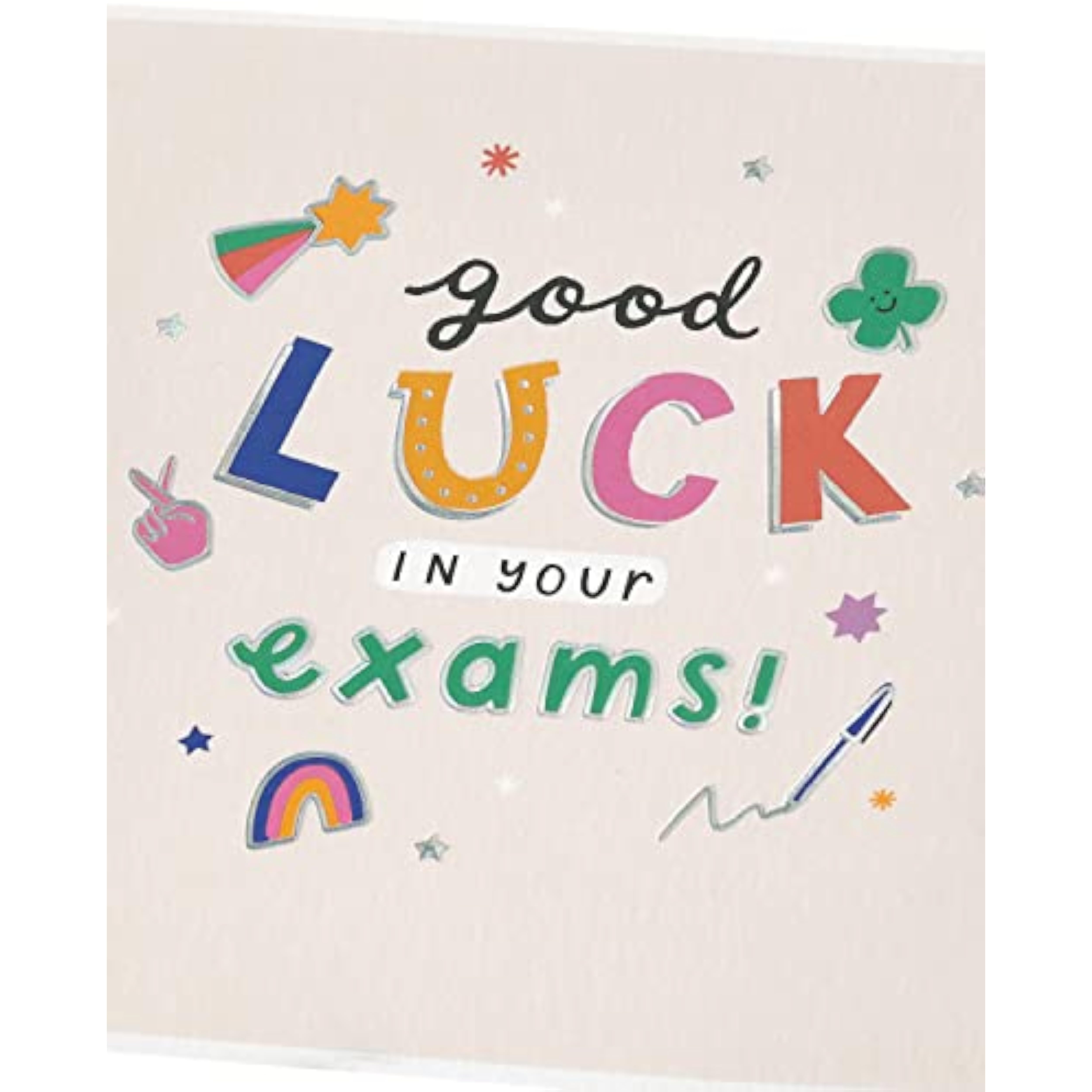 UK Greetings Good Luck Exams greeting card featuring cheerful design and encouraging message for students taking exams.