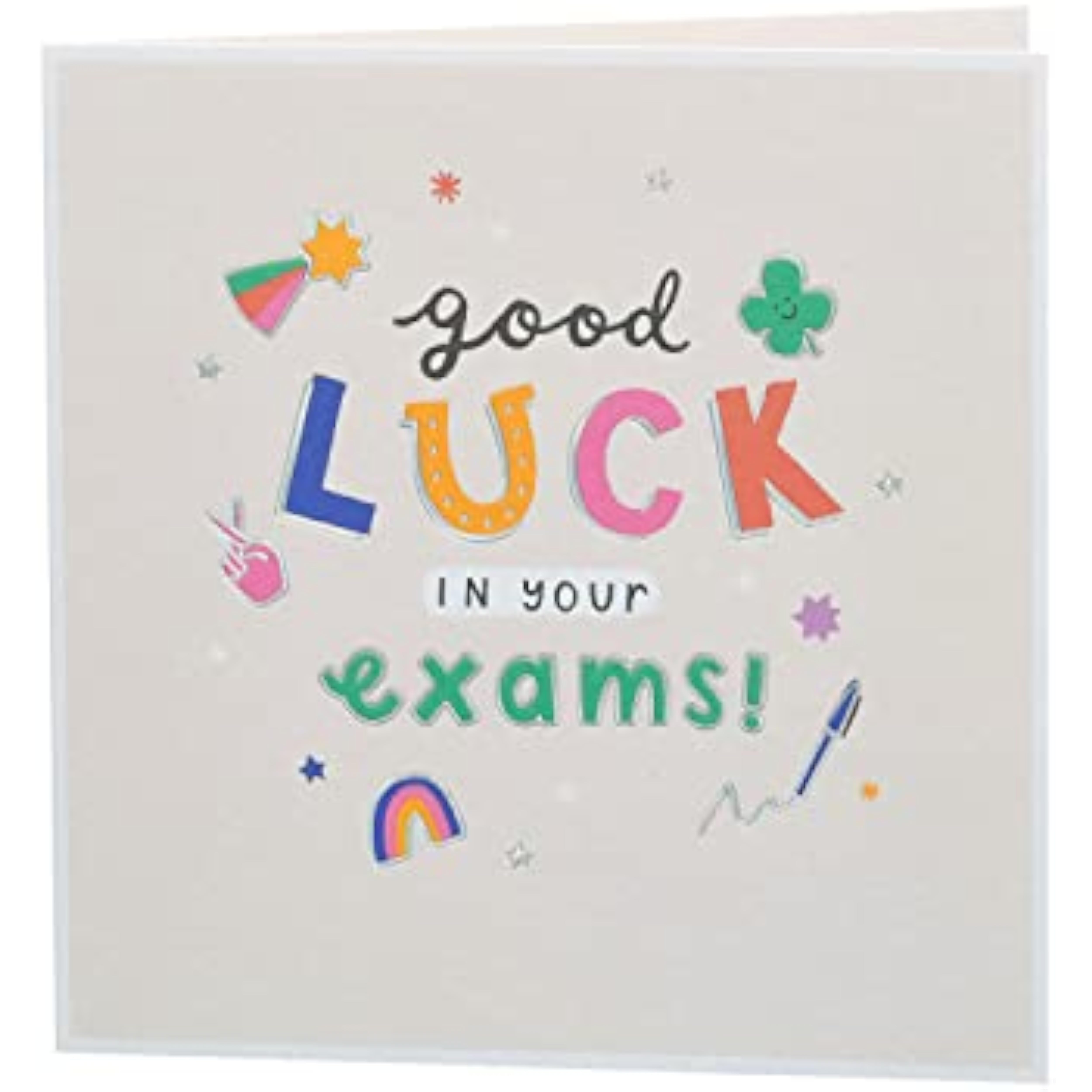 UK Greetings Good Luck Exams greeting card featuring colorful designs and encouraging message for students taking exams.