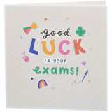 UK Greetings Good Luck Exams greeting card featuring colorful designs and encouraging message for students taking exams.