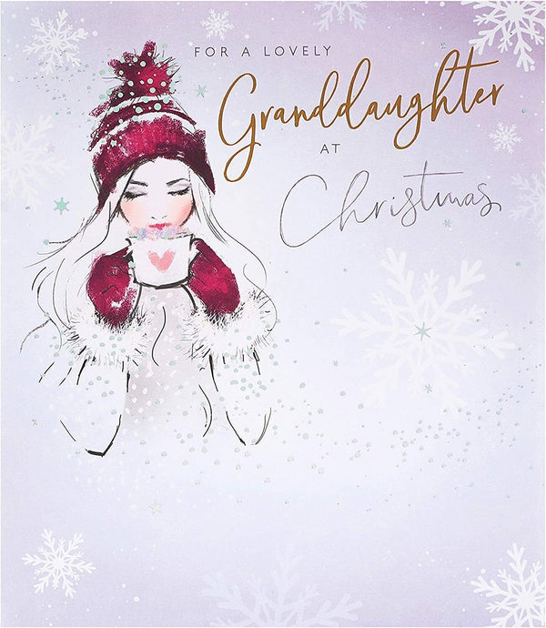 Christmas greeting card for granddaughter with festive wishes, featuring heartfelt holiday message and seasonal design by UK Greetings.