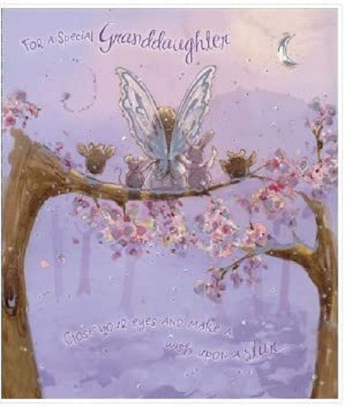 Silver foil granddaughter fairy birthday greeting card featuring whimsical fairy design, perfect for celebrating special occasions.