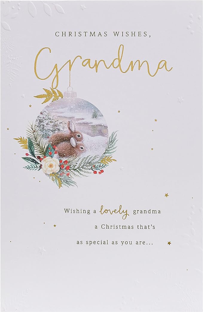 Cute Grandma Christmas greeting card from UK Greetings featuring adorable rabbits and warm holiday wishes.