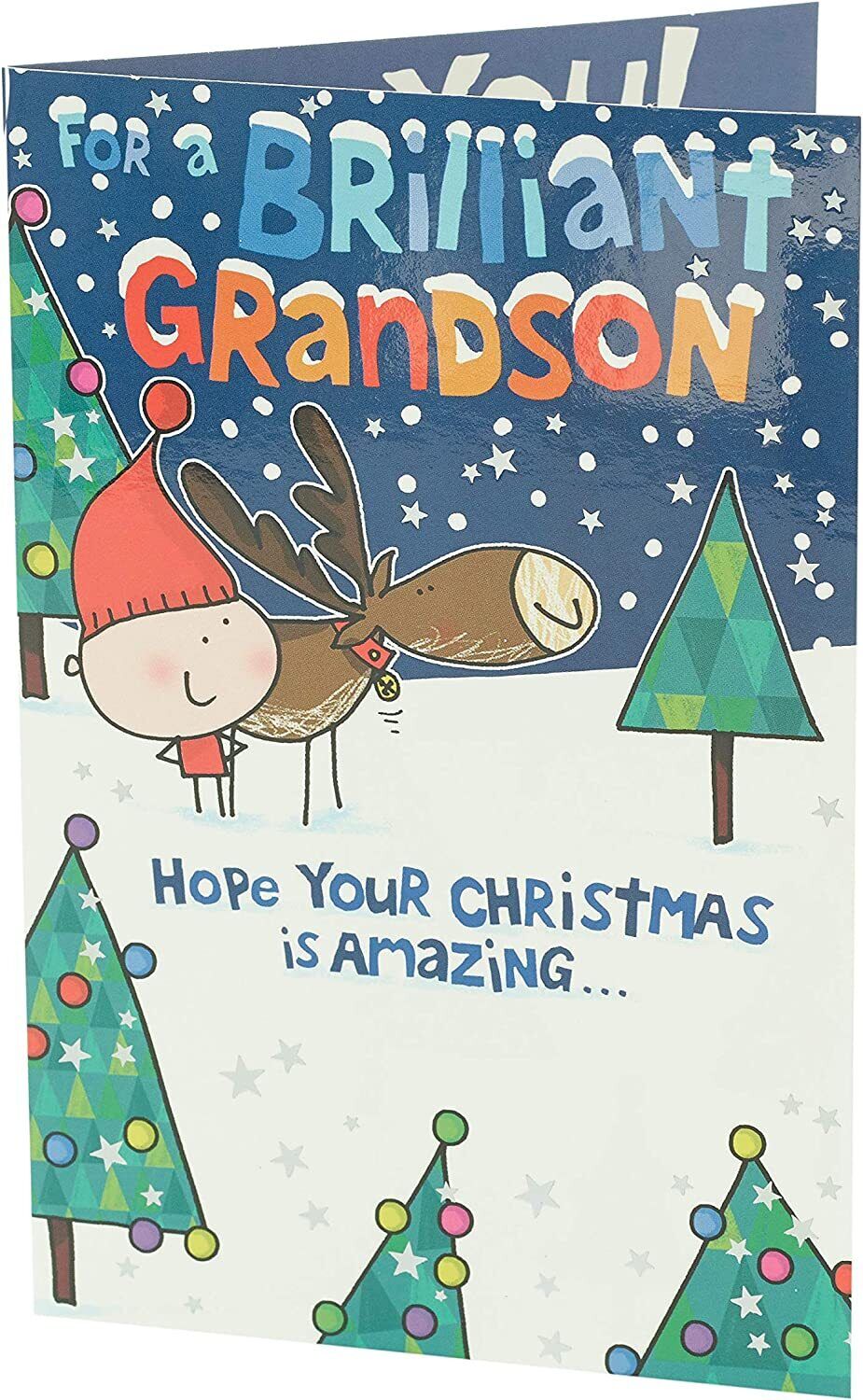 Festive reindeer cartoon design on Grandson Christmas greeting card, featuring colorful holiday imagery for boys.