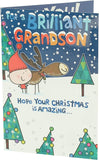 Festive reindeer cartoon design on Grandson Christmas greeting card, featuring colorful holiday imagery for boys.