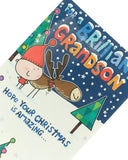 Festive reindeer cartoon design on Grandson Christmas greeting card by UK Greetings, featuring colorful holiday imagery for boys.