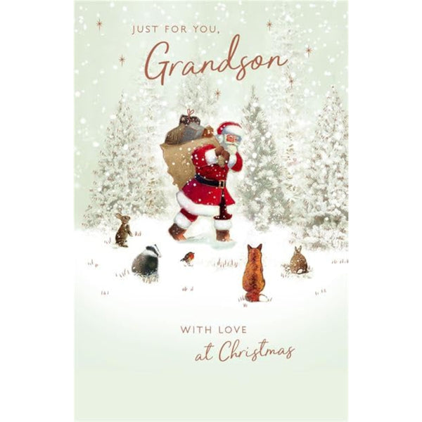 Grandson Christmas greeting card featuring Santa in the snow with foil design, UK Greetings festive holiday card.