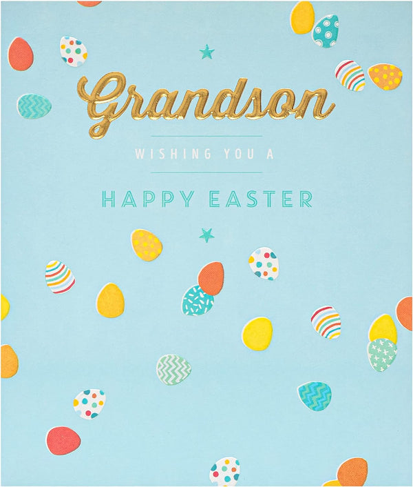 Blue egg design Grandson Easter greeting card with envelope from UK Greetings, featuring colorful Easter-themed artwork.