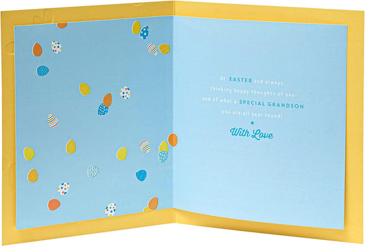 Blue egg design Grandson Easter greeting card with envelope from UK Greetings, featuring colorful Easter-themed artwork.